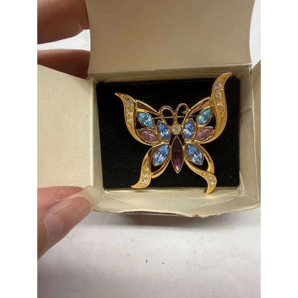 Avon Golden Butterfly Pin Vintage Gold Tone Multi Color Rhinestone Brooch Boxed